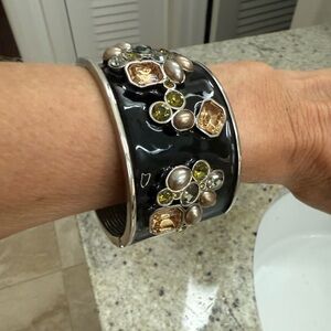 St. John Black Hinged Cuff Bracelet with Gold and Silver Accents